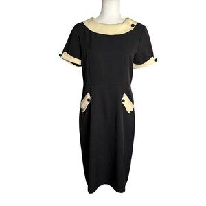 Lindy Bop Retro 50s Tiffany Pencil Wiggle Dress Size L Black Boat Neck Pockets